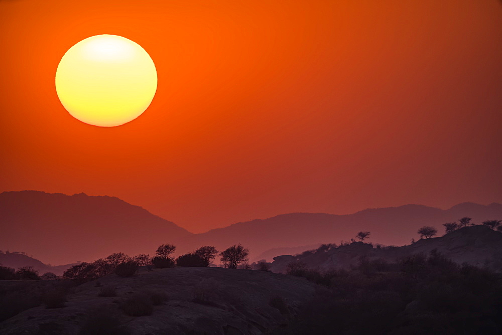 Sunset over the hills and mountains, Jawai, Rajasthan, India