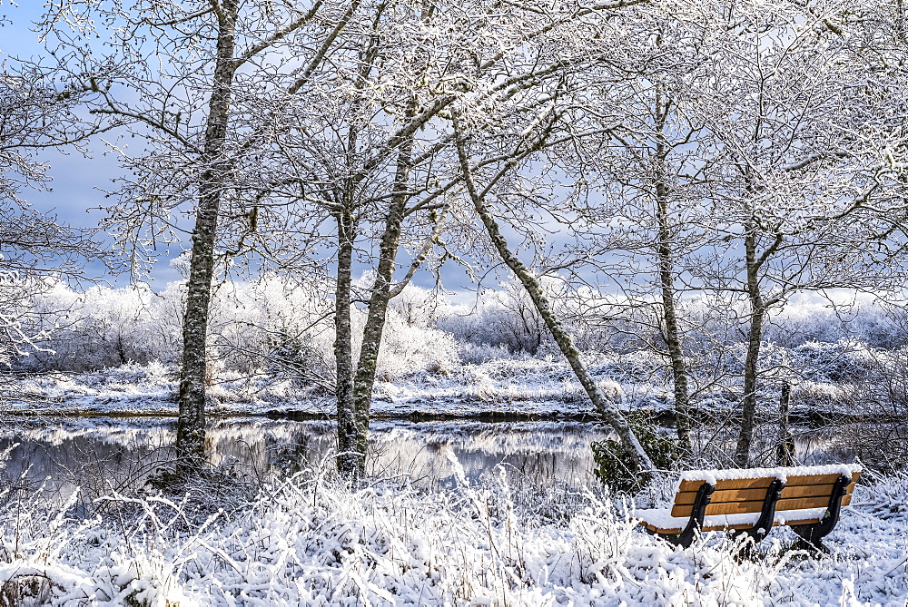 A delicate dusting of snow lingers on a winter morning with a bench looking out to tranquil water, Astoria, Oregon, United States of America