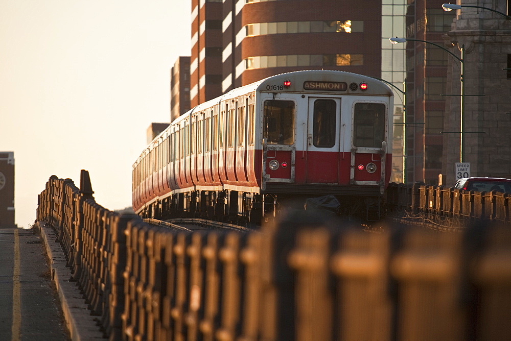 Subway train on a bridge, Longfellow Bridge, Charles River, Boston, Suffolk County, Massachusetts, USA