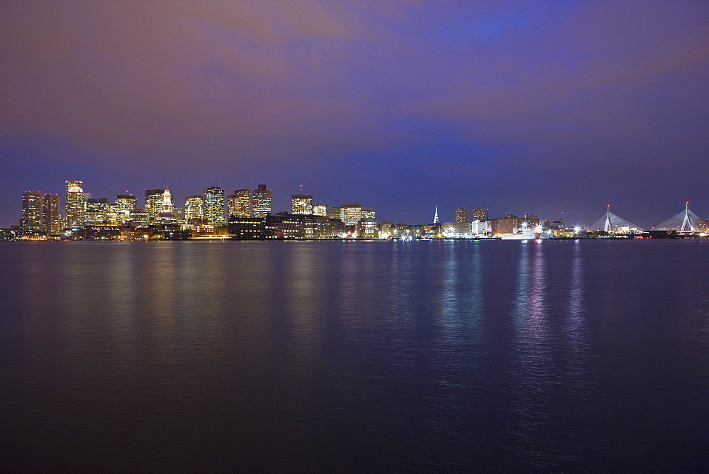 Buildings at the waterfront, Boston Harbor, Leonard P. Zakim Bunker Hill Bridge, Charles River, Boston, Suffolk County, Massachusetts, USA