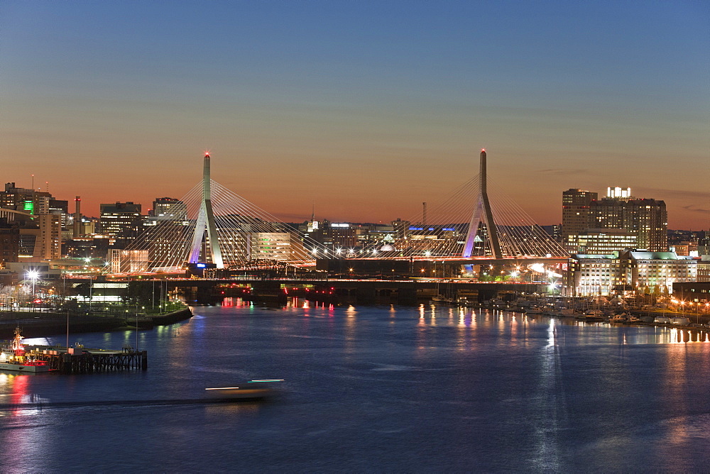 Bridge across a river, Leonard P. Zakim Bunker Hill Bridge, Charles River, Boston, Massachusetts, USA