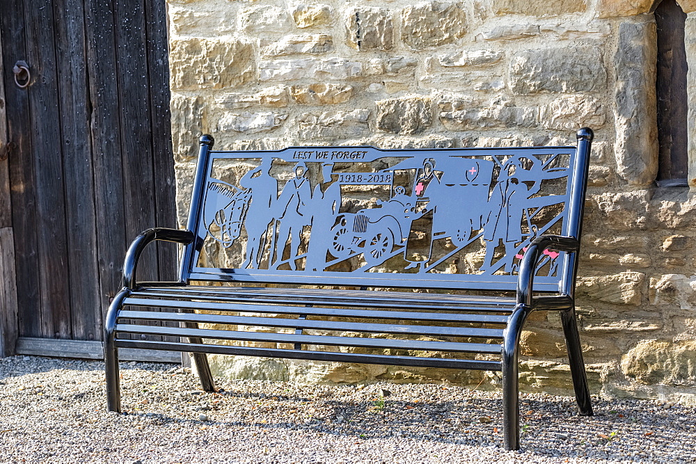 Bench as a war memorial (1918 - 2018) commemorating one hundred years, Chollerton Parish; Chollerton, Northumberland, England