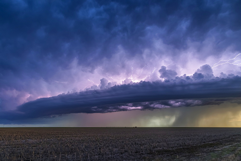 Dramatic storm clouds with lightning and rain over farmland; Guymon, Oklahoma, United States of America