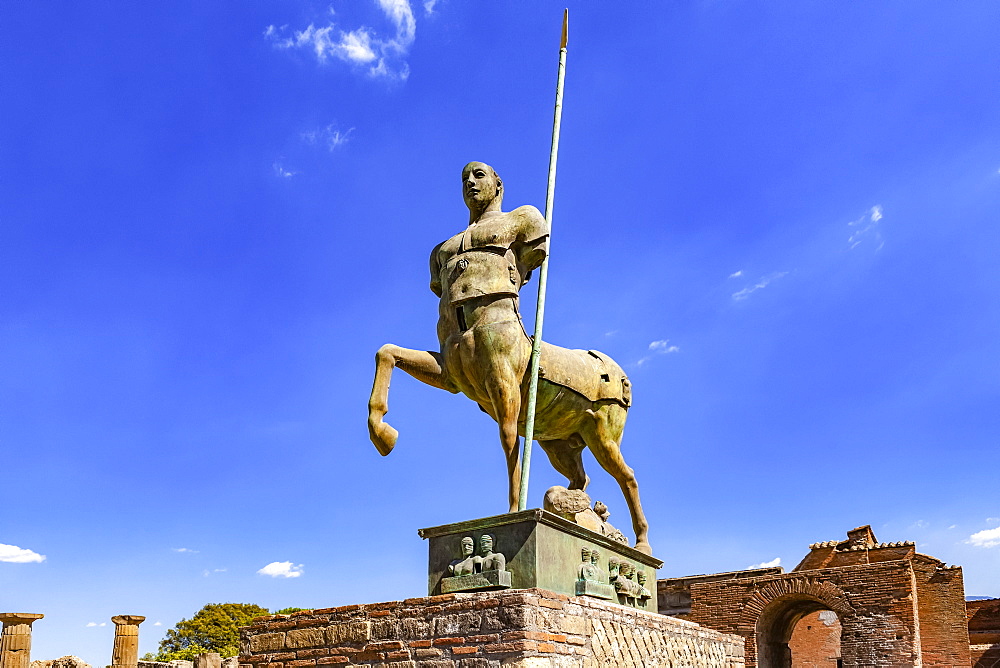 Bronze statue of a centaur at an excavation site; Pompeii, Province of Naples, Campania, Italy