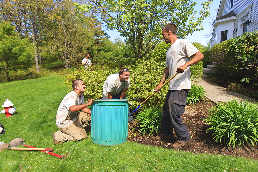 Landscapers clearing weeds in a home garden