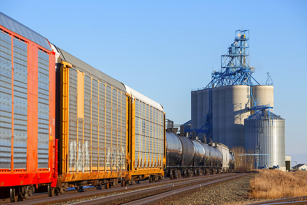 Tank cars on a train approaching a grain storage facility; Alberta, Canada