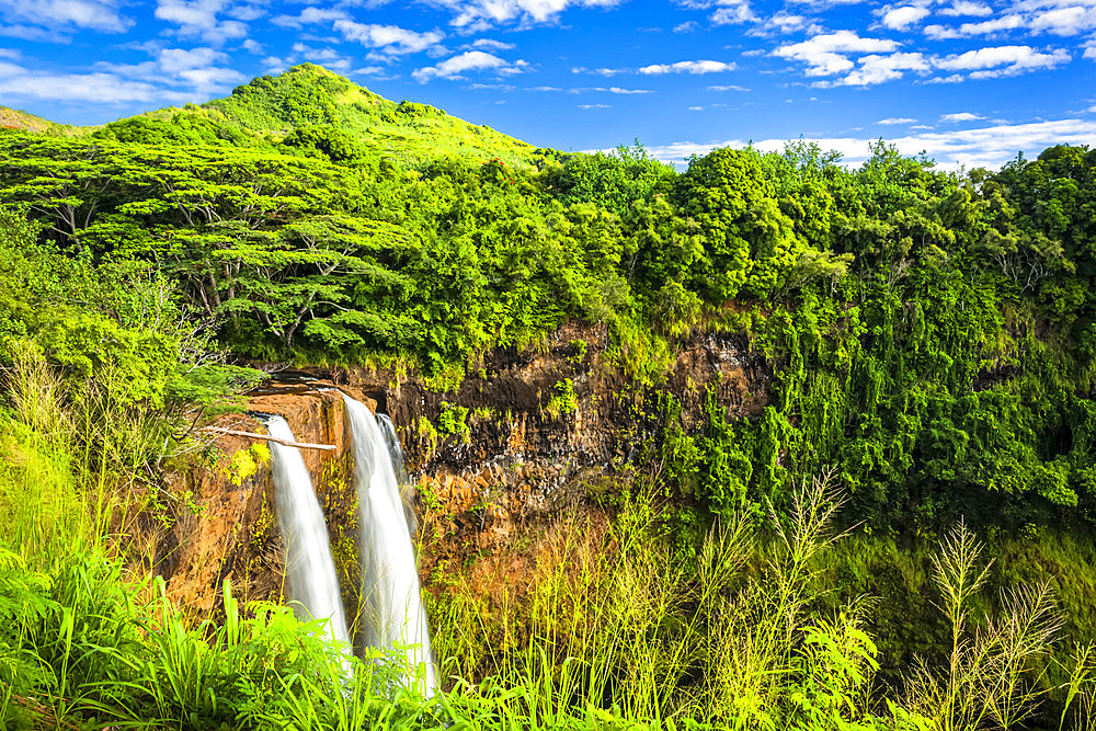 Wailua Falls drop down the cliff in lush green rainforest; Lihue, Kauai, Hawaii, United States of America