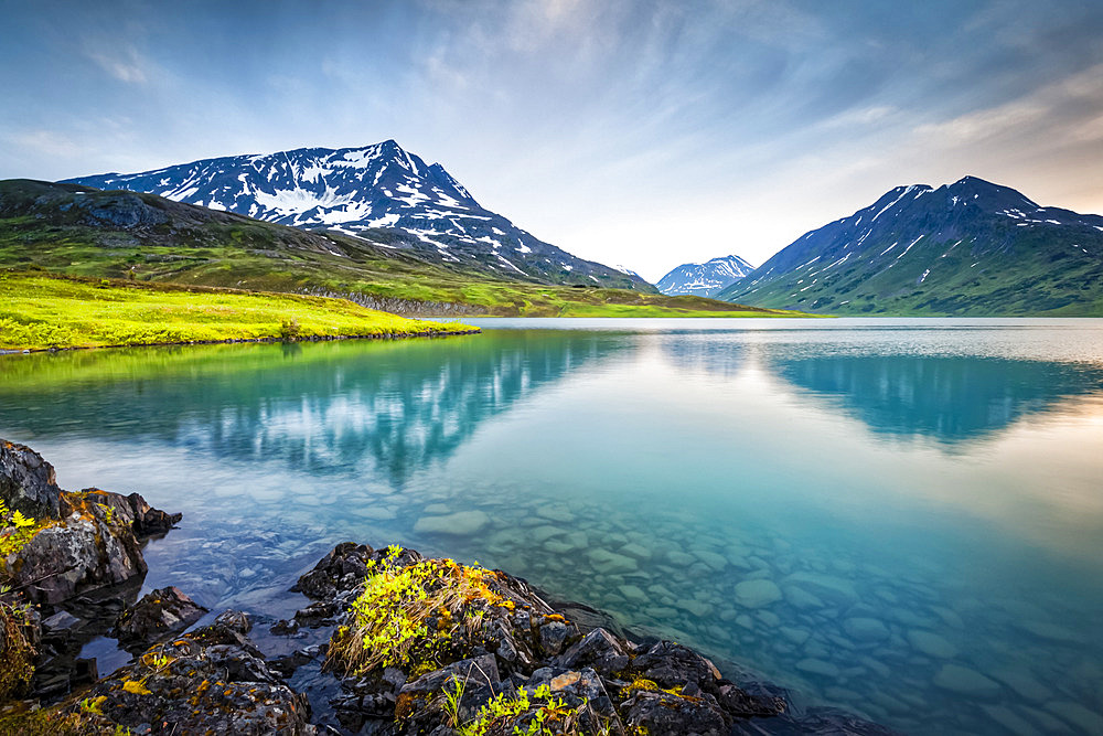 Mount Ascension reflects on Lost Lake, Chugach National Forest, Kenai Peninsula, South-central Alaska in summertime; Seward, Alaska, United States of America