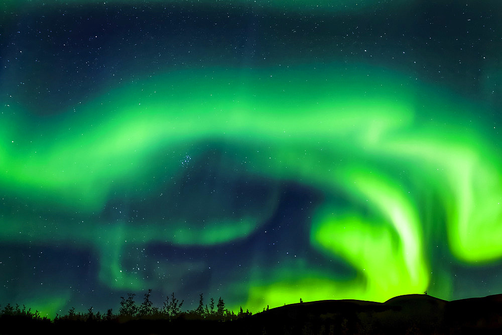 Intense aurora waving over Mount Fairplay, Taylor Highway, Interior Alaska in autumn; Alaska, United States of America