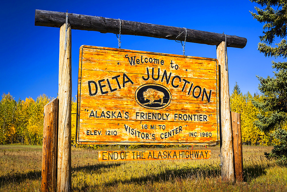 Welcome sign of Delta Junction, Interior Alaska in autumn; Delta Junction, Alaska, United States of America