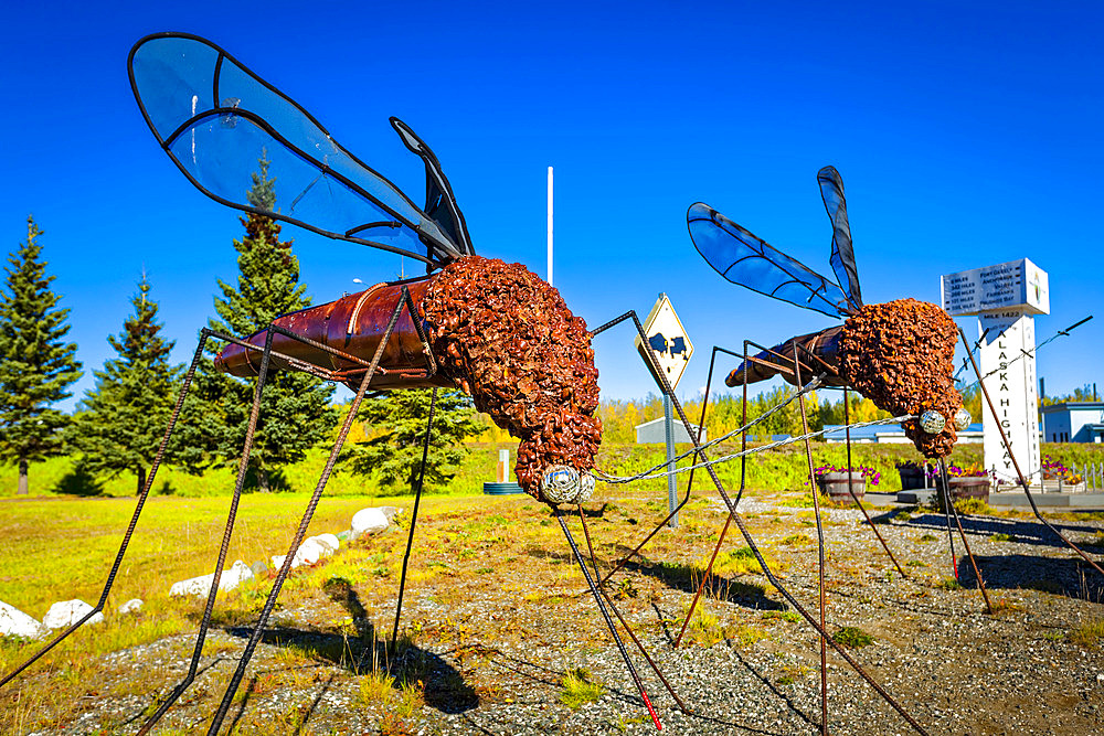 Mosquito sculptures at Delta Junction Visitor's Center on a sunny day, Interior Alaska in autumn; Delta Junction, Alaska, United States of America