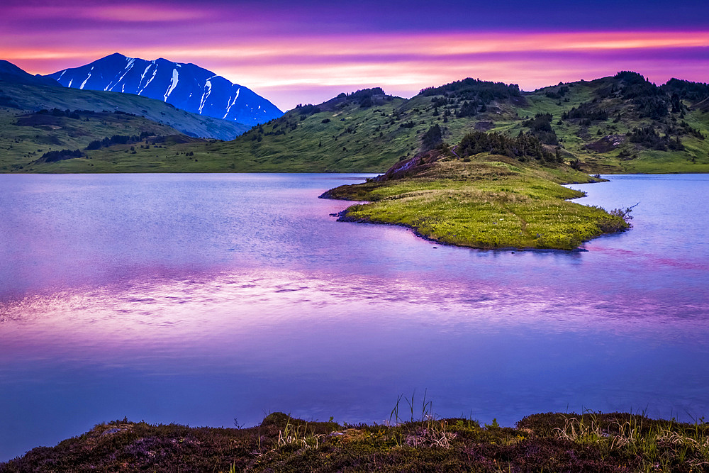 Lost Lake at sunset, Chugach National Forest, Kenai Peninsula, South-central Alaska in summertime; Seward, Alaska, United States of America