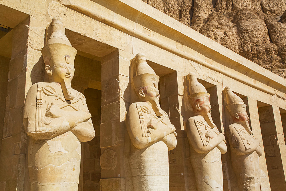 Statues of Queen Hatshepsut, Hatshepsut Mortuary Temple (Deir el-Bahri), UNESCO World Heritage Site; Luxor, Egypt