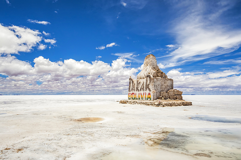 Monument to the Dakar Rally at Salar de Uyuni, the world's largest salt flat; Potosi Department, Bolivia