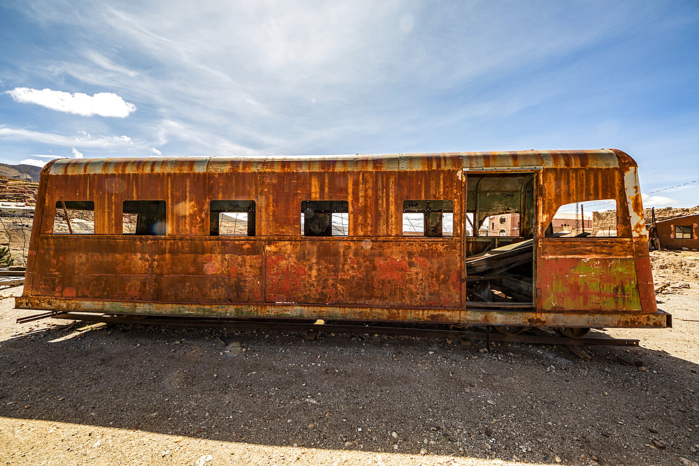 Rusty four wheel rail coach; Pulacayo, Potosi Department, Bolivia