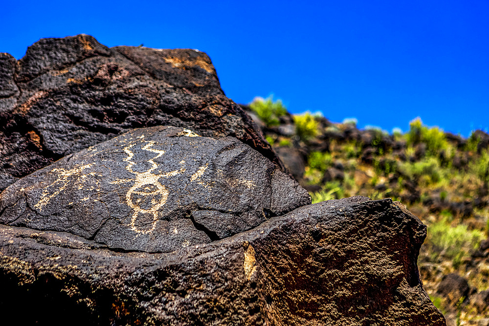 Petroglyphs on volcanic rock with sagebrush in Piedras Marcadas Canyon, Petroglyph National Monument on a sunny, spring afternoon; Albuquerque, New Mexico, United States of America