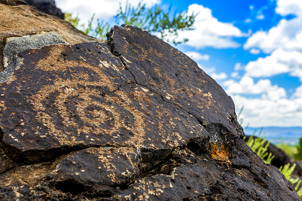 Petroglyphs on volcanic rock in Piedras Marcadas Canyon, Petroglyph National Monument on a sunny, spring afternoon; Albuquerque, New Mexico, United States of America