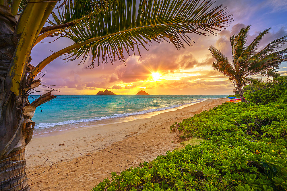 Lanakai Beach at sunrise, with the surf washing up on the golden sand and a view of the Mokulua Islands in the distance; Oahu, Hawaii, United States of America