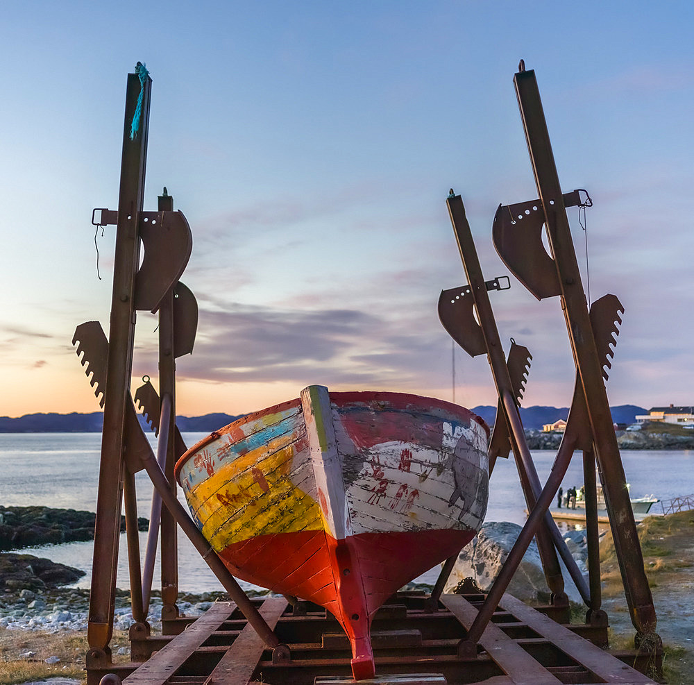 Boat sculpture at the waterfront; Nuuk, Sermersooq, Greenland