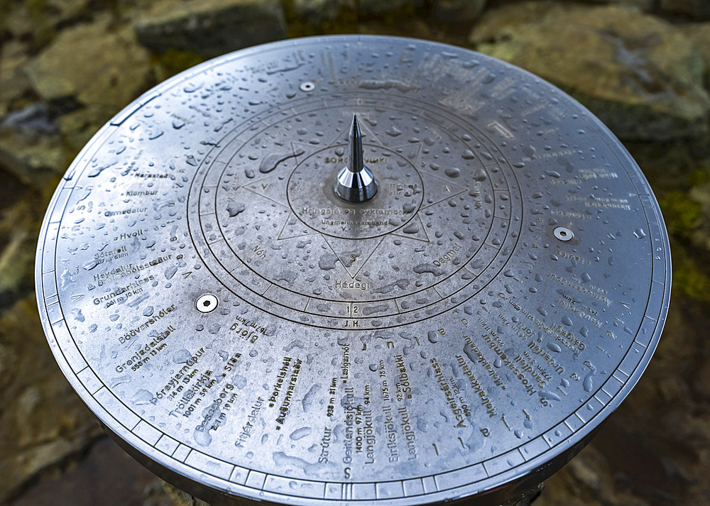 Viewing dial at Borgarvirki, at 177 meters above sea level it dominates the surrounding region. Made out of basalt strata, it has been used as a fortress for centuries; Hunaping vestra, Northwestern Region, Iceland