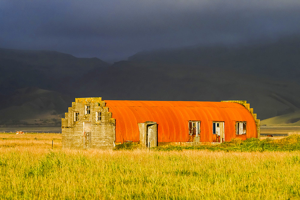 Orange quonset hut as a barn on farm field; Myrdalshreppur, Southern Region, Iceland