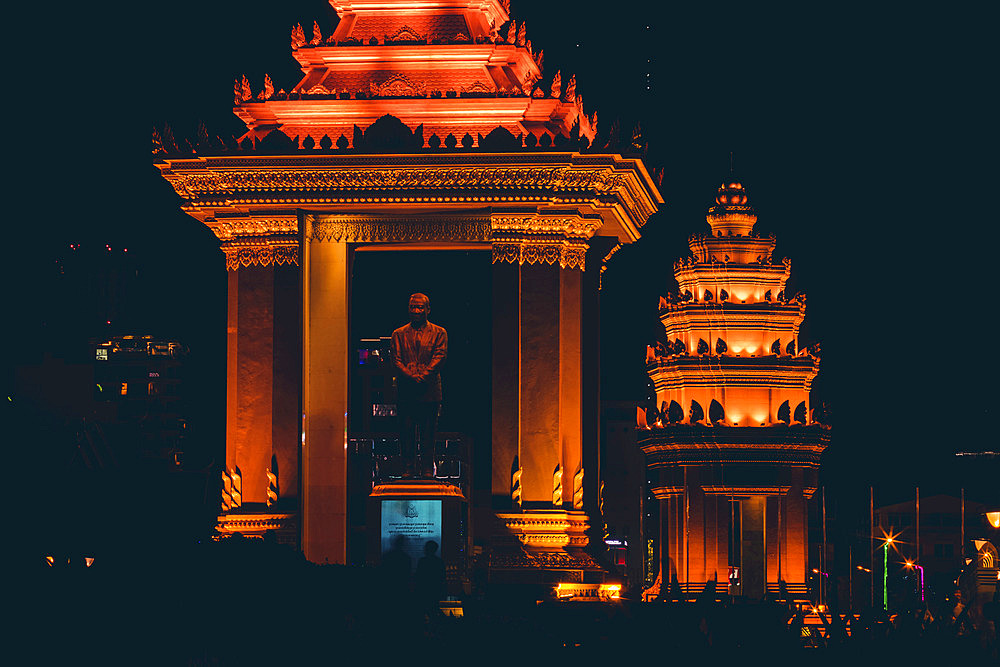 Norodom Sihanouk Memorial and Independence Monument at night in Phnom Penh; Phnom Penh, Phnom Penh, Cambodia