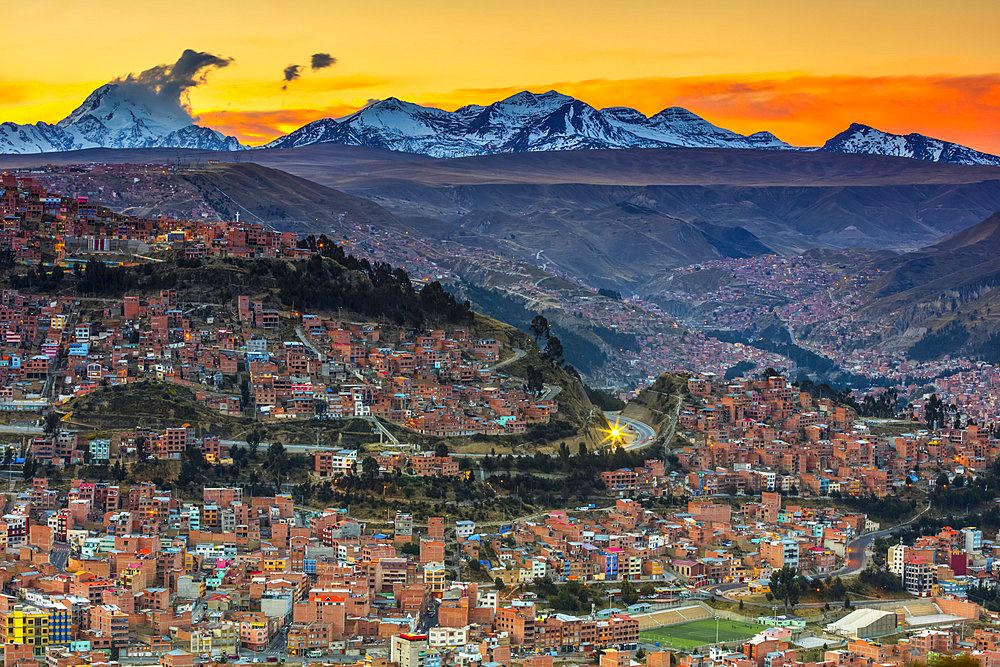 Andes mountains around La Paz at sunset; La Paz, Pedro Domingo Murillo, Boliva