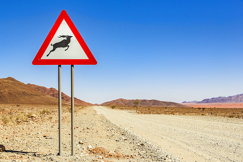 Attention wild animals sign on a long dry road, Namib Desert, Namib-Naukluft National Park; Namibia