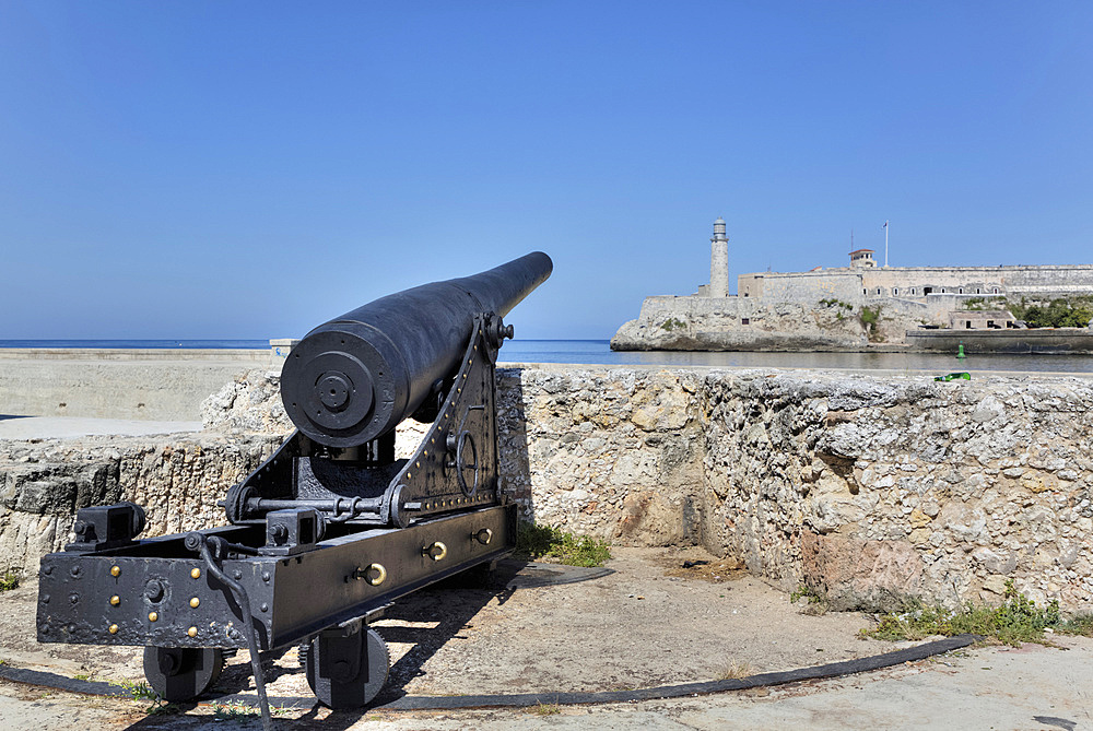 Cannon, Castillo de San Salvador de la Punta, Castillo del Morro (background); Central; Havana, Cuba