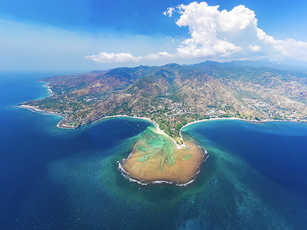 Drone view of Senggigi Beach; Lombok Barat, West Nusa Tenggara, Indonesia