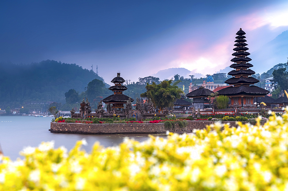 Sunset at Ulun Danu Beratan temple, a major Hindu Shaivite water temple on Lake Bratan; Bali, Indonesia