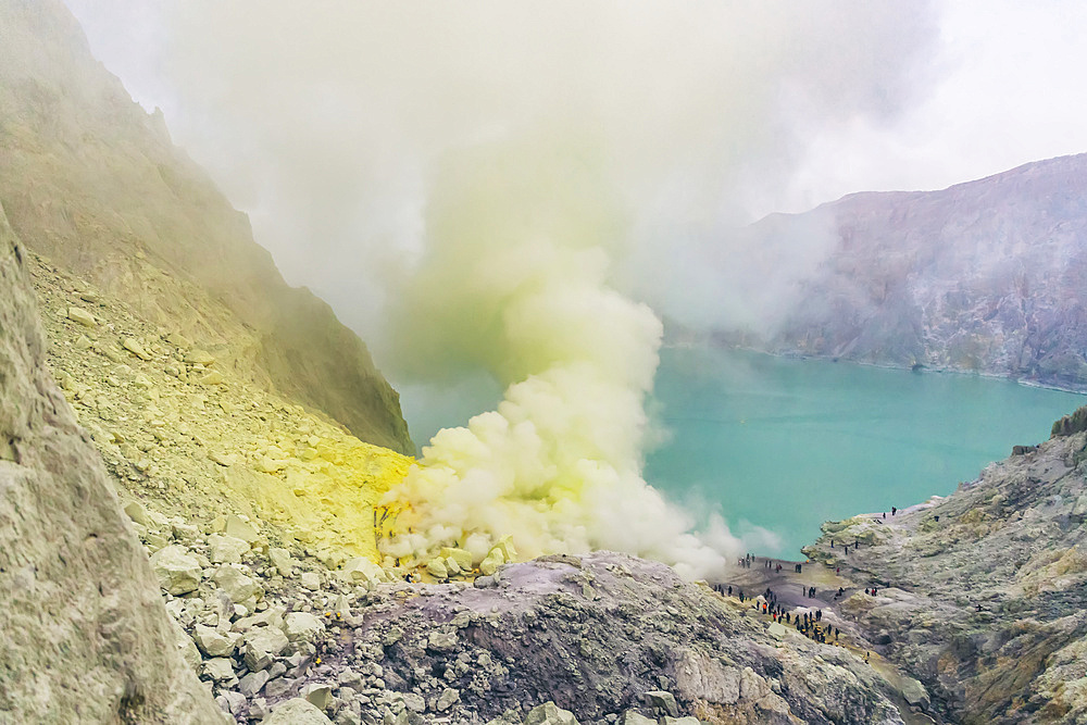 Sulphur smoke inside Ijen Volcano crater; East Java, Java, Indonesia