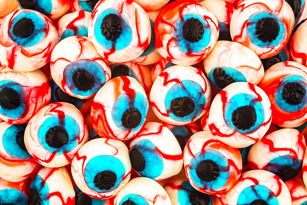 Colourful pile of eyeball gummy candies; Studio