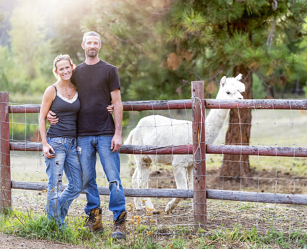 Portrait of a farmer and his wife with a llama (Lama glama) in the background; Armstrong, British Columbia, Canada