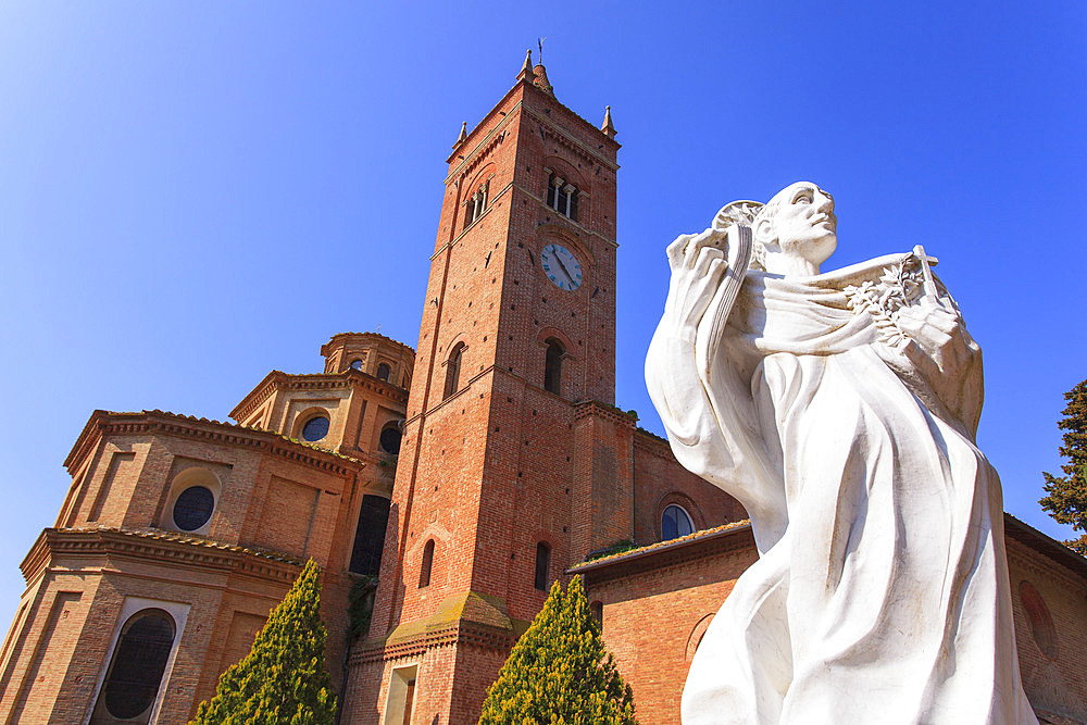 Close-up of the statue of Santa Bartolomeo in the courtyard in front of the Benedictine Abbey of Monte Oliveto Maggiore; Siena, Tuscany, Italy