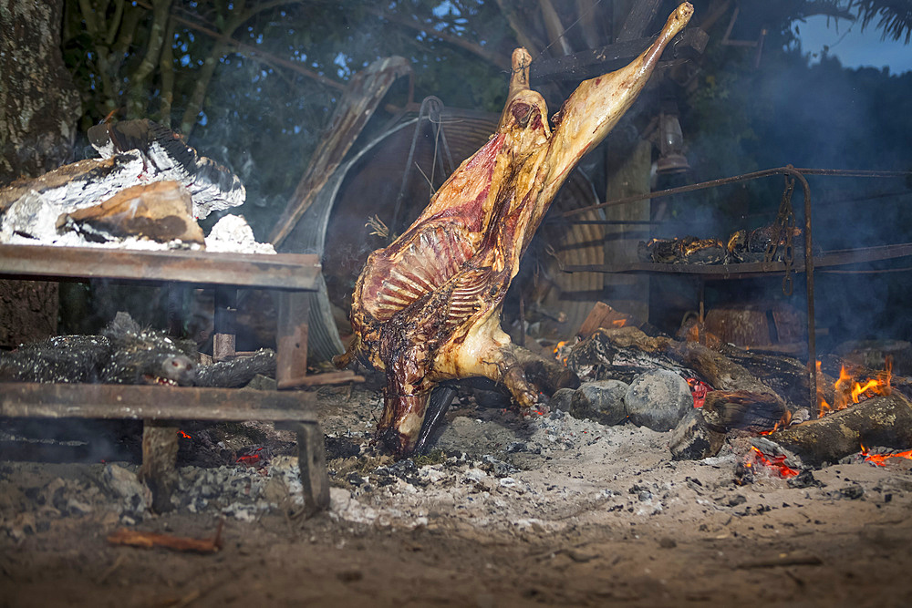 The Blue Duck lodge located in the Whanganui National Park is a working cattle farm with a focus on conservation. Local meat is cooked over an open fire; Retaruke, Manawatu-Wanganui, New Zealand