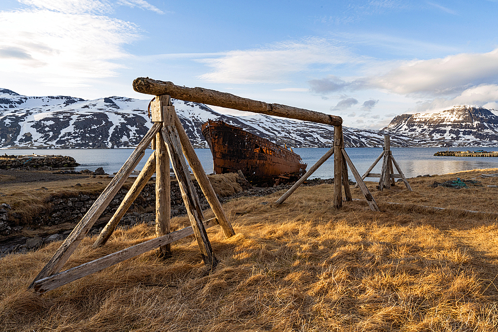 Famous rusty shipwreck, Sudurland Shipwreck near the abandoned herring factory in the town of Djupavik along the Strandir Coast in the West Fjords of Iceland, Djupavik, West Fjords, Iceland