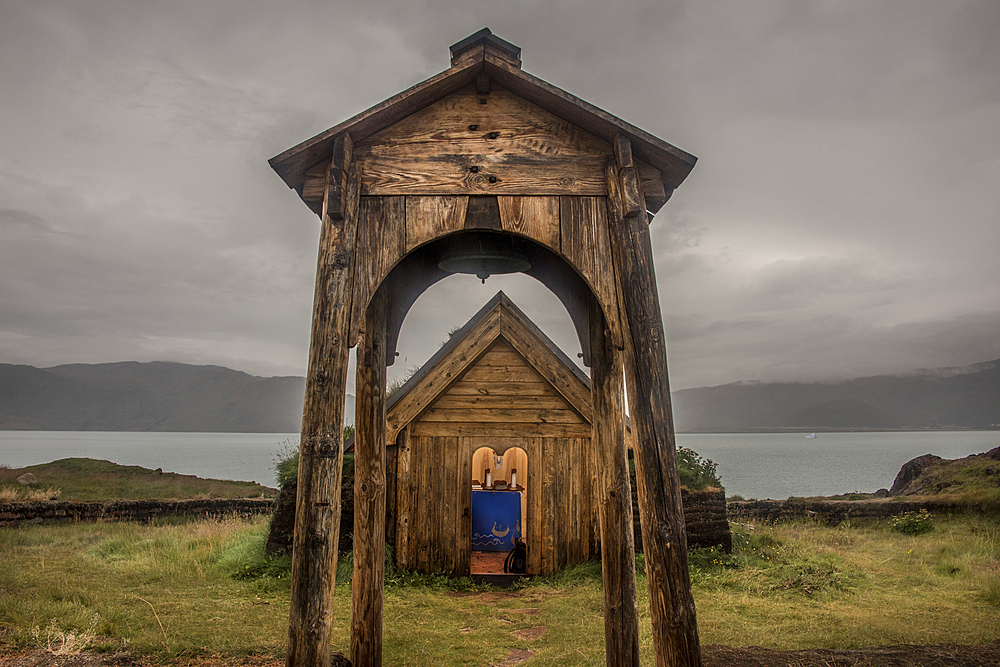 Wooden arches and building of the recreated Tjodhilde Church in Greenland's Brattahlid, Eriksfjord area, part of a reconstruction of Erik the Red's settlement, Kujataa World Heritage Site, Qassiarsuk, Southern Greenland, Greenland