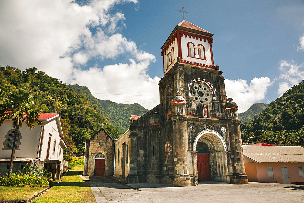 Close-up of the Roman Catholic Church of St Marks in Soufriere, a small fishing village on the Island of Dominica, Soufriere, Dominica, Caribbean