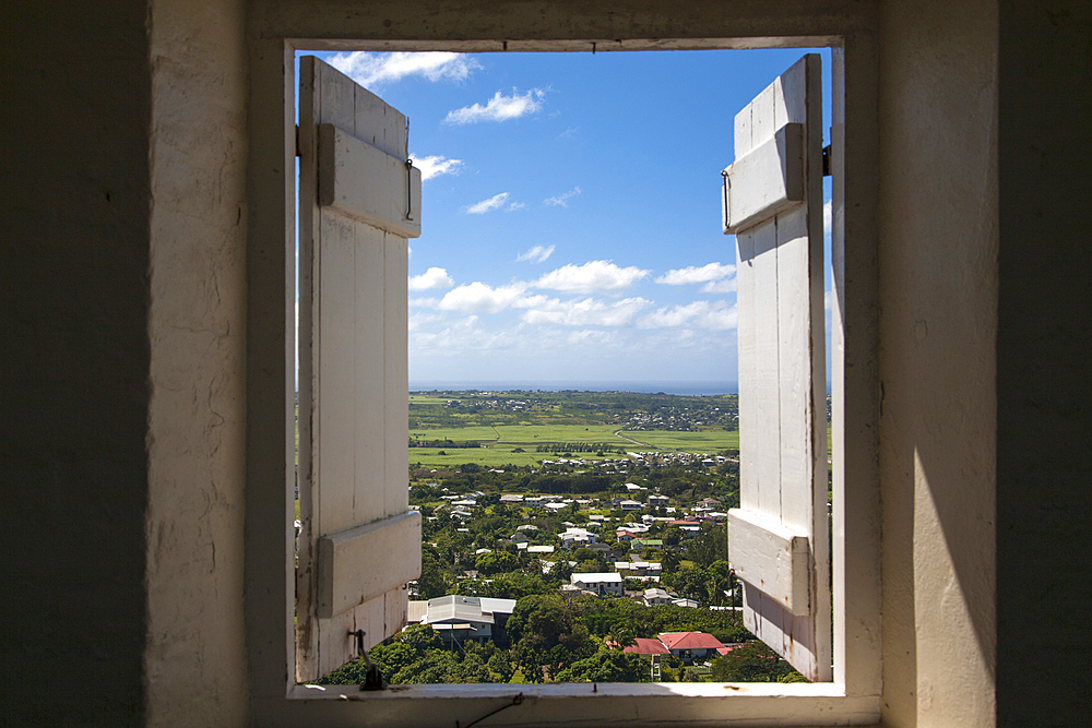 View through window with shutters from the Gun Hill Signal Station in Barbados, Bridgetown, Barbados, Caribbean