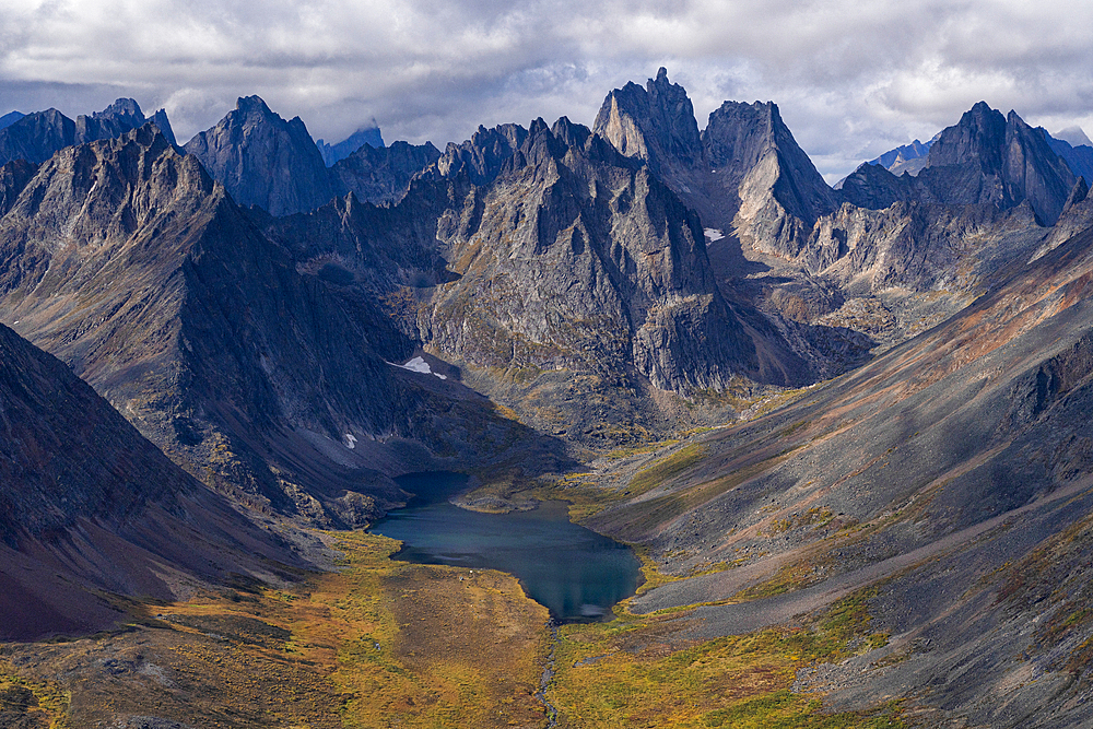 Aerial views of the Tombstone Range and Grizzly Lake along the Dempster Highway in the Yukon Territory, Yukon, Canada