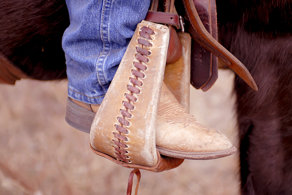 Close-up of a cowboy boot in a stirrup in the Nebraska Sandhills, USA, Halsey, Nebraska, United States of America