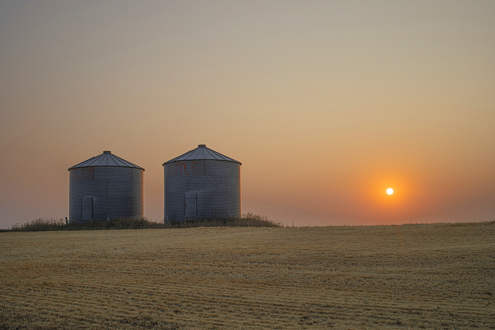 Two grain bins on the vast Alberta prairie at sunset, Alberta, Canada