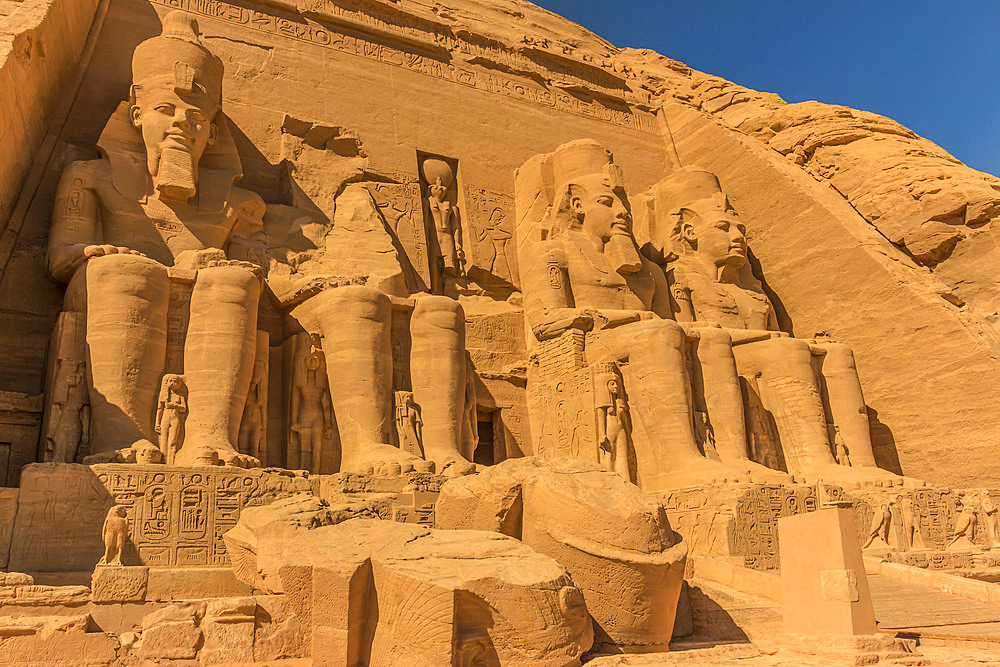 The four colossi of Ramesses II at the entrance of the the Temple of Ramesses II at Abu Simbel, Abu Simbel, Nubia, Egypt