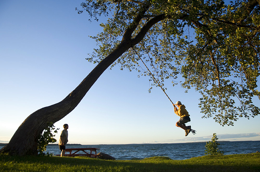 Two teenage boys play on a rope swing along Leech Lake in Minnesota, USA, Walker, Minnesota, United States of America