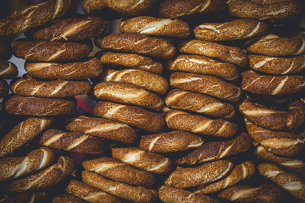 Close-up of a stack of baked goods for sale, Simit, Istanbul, Turkey