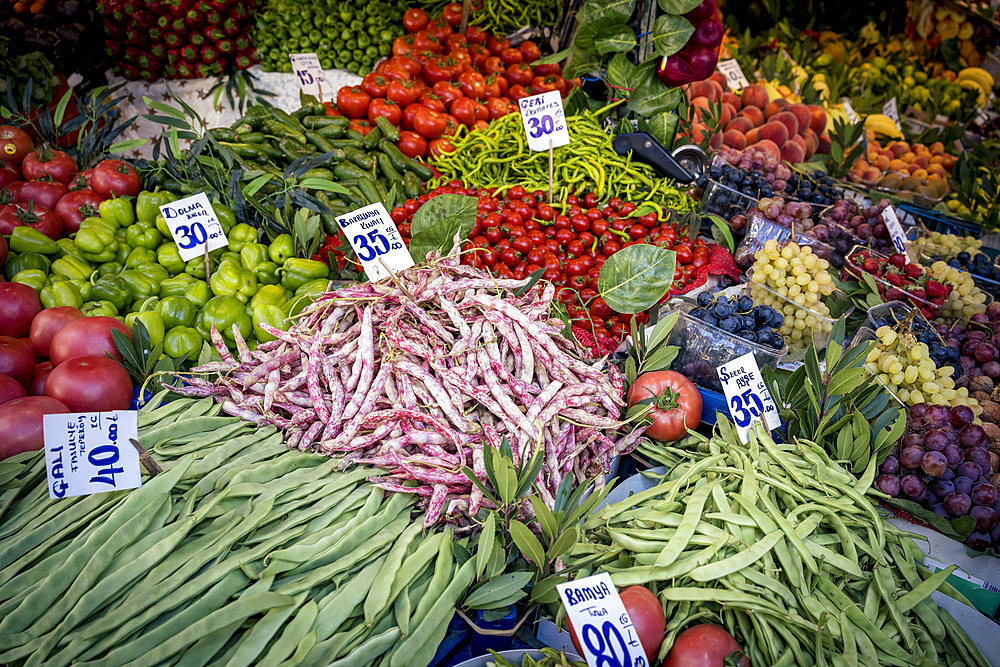 Fruits and vegetables for sale at Kadikoy produce market in Kadikoy, Istanbul, Istanbul, Turkey