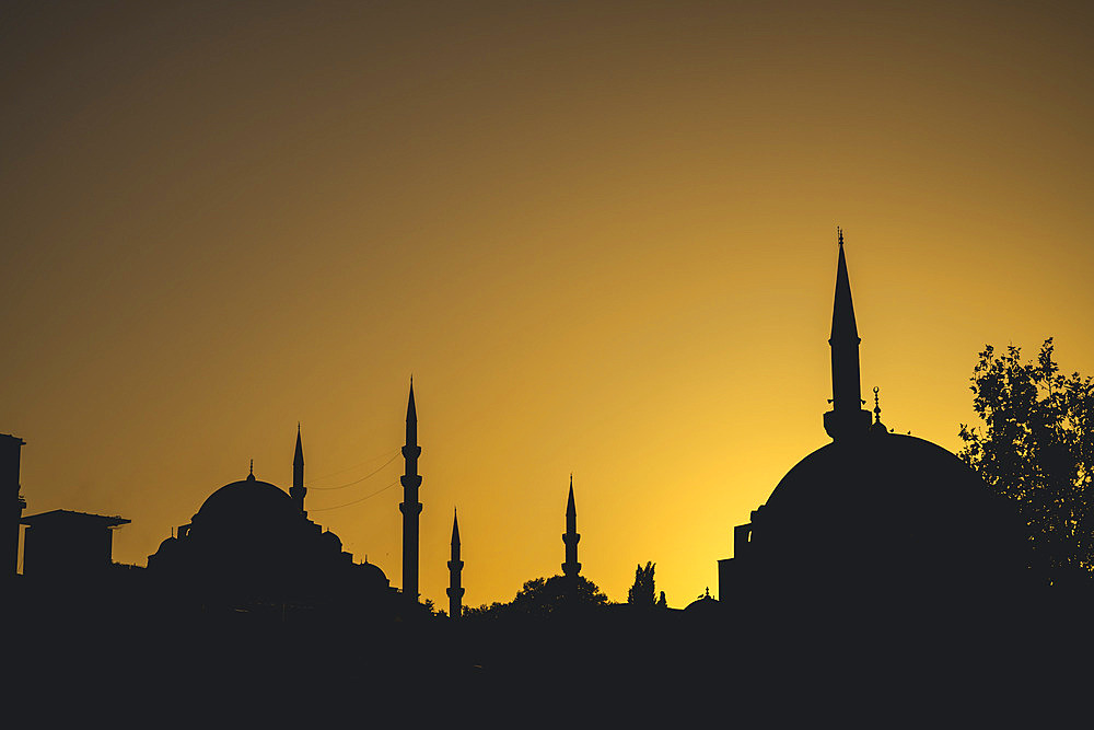 Silhouettes of mosque's minarets and domes at sunset in Istanbul, Istanbul, Turkey