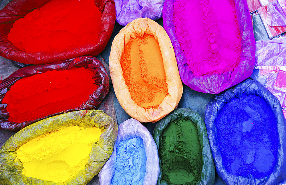 Colorful dyes for sale on the streets of Kathmandu, Kathmandu, Nepal