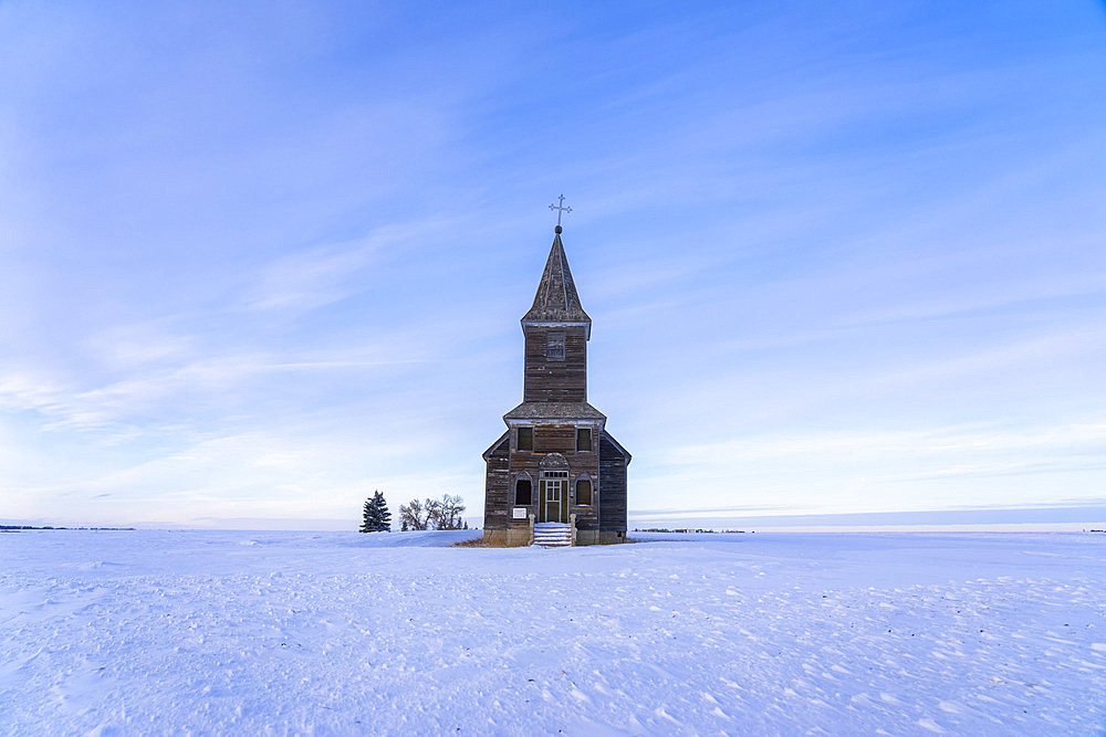 Abandoned Christ Lutheran Church in winter in rural Saskatchewan, Francis, Saskatchewan, Canada